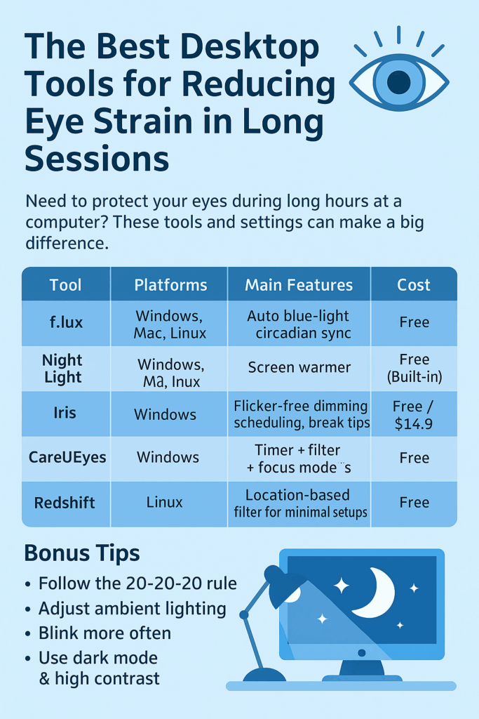 Comparison table with desktop tools for redusing eye strain