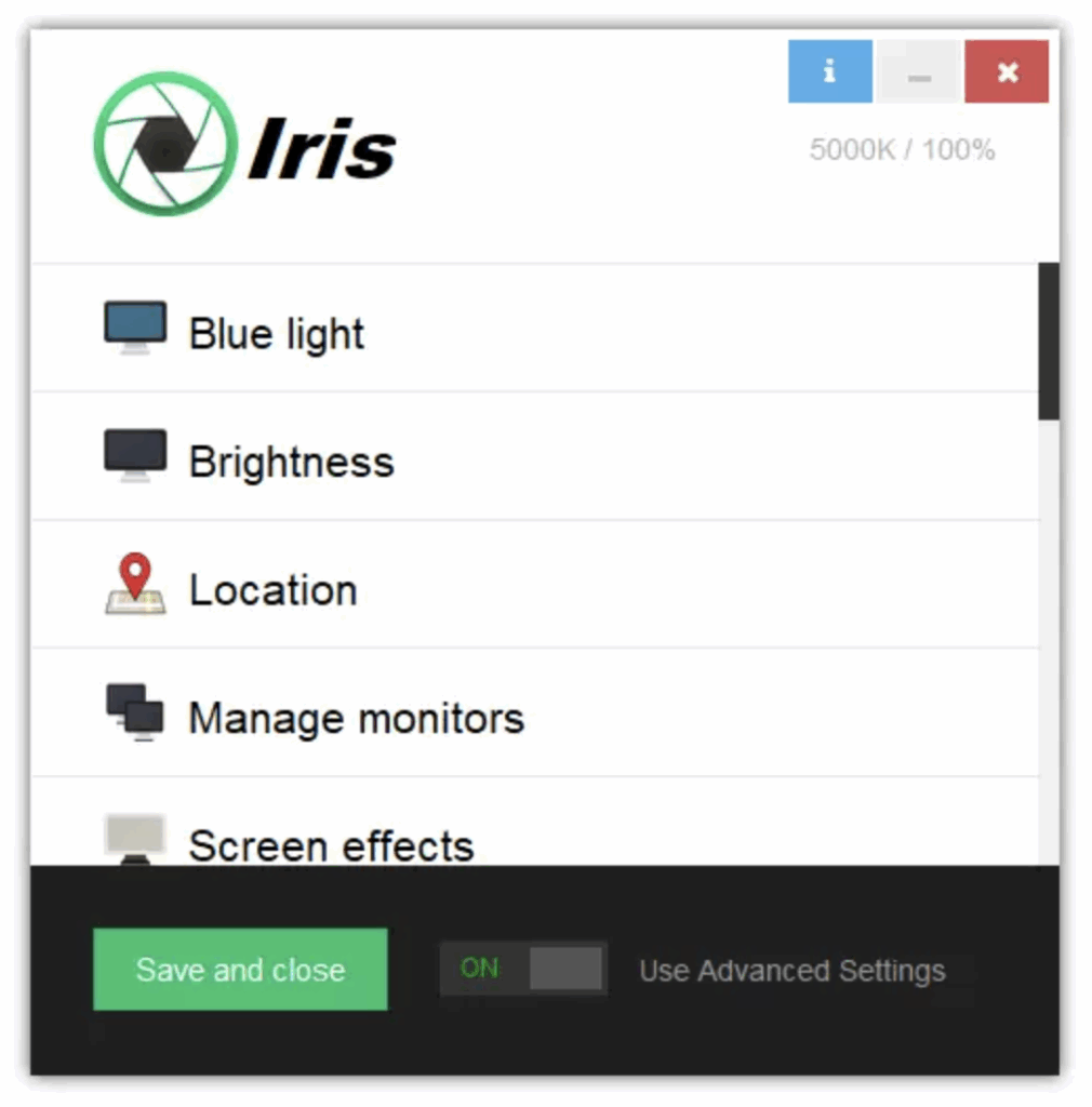 Iris tool screen
