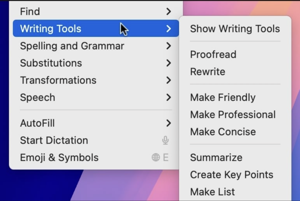 Writing Tools in Mac